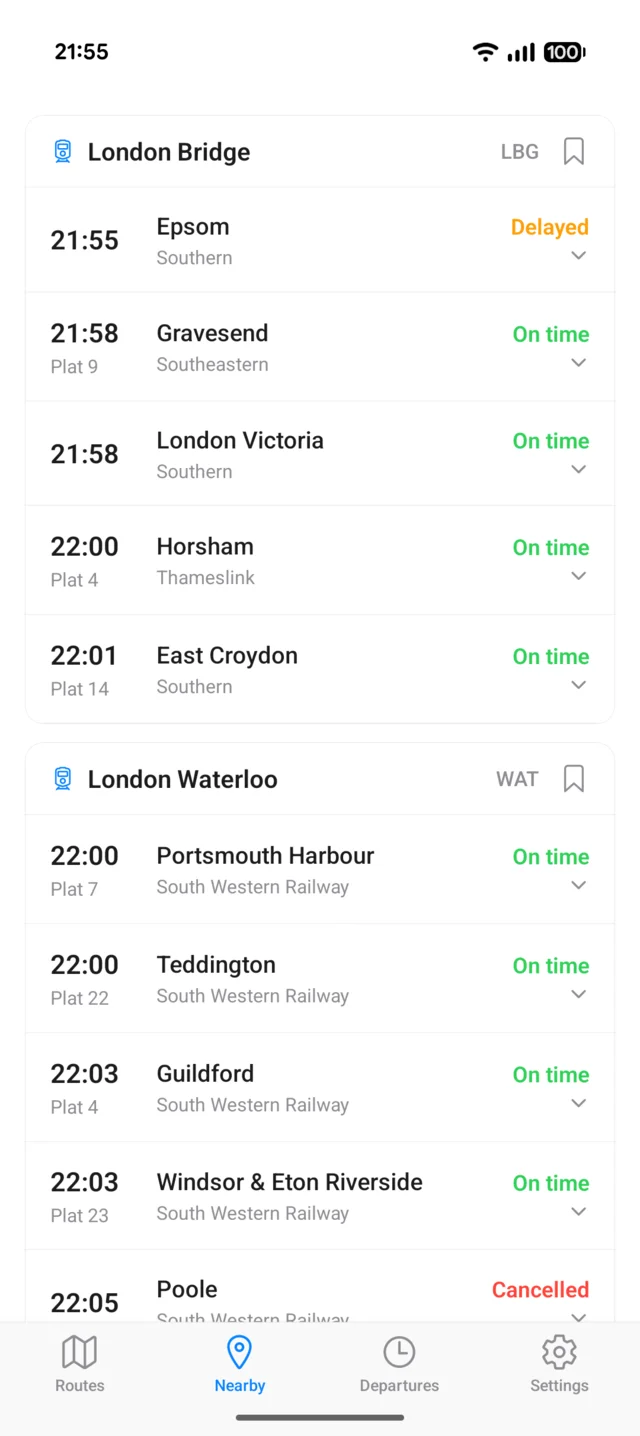 Railed showing live departure boards for London Bridge and London Waterloo, sorted by distance