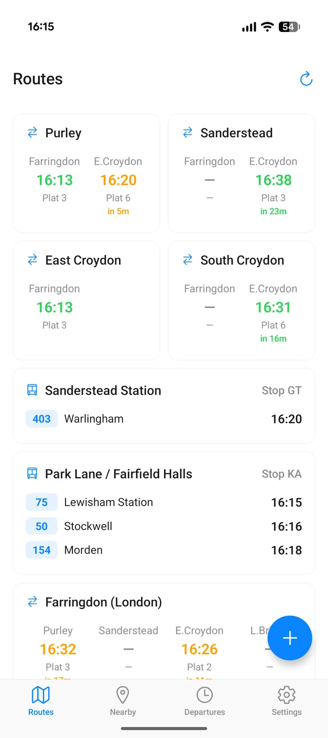Railed routes screen with saved train routes and bus stops, each showing the next live departures