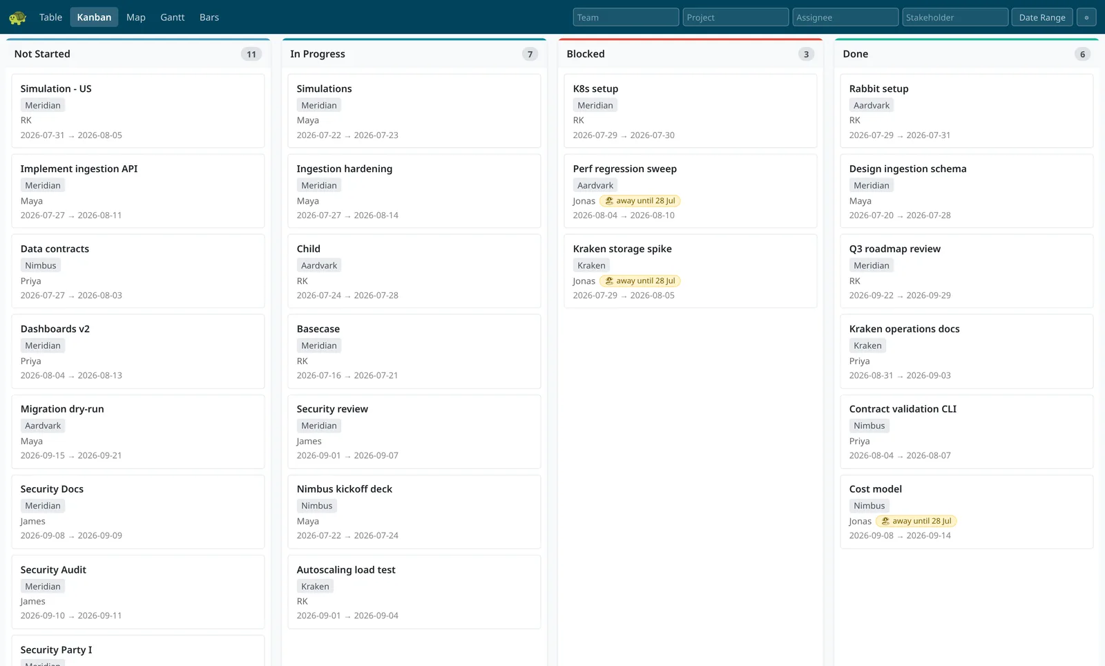 TurtleTask kanban board with status columns and away chips on cards