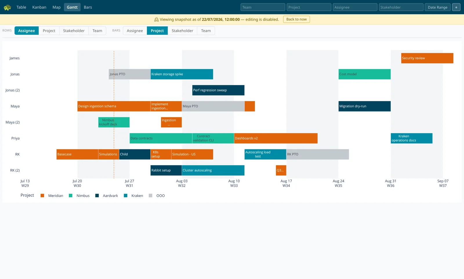 TurtleTask viewing a past snapshot of the plan: a banner reads 'Viewing snapshot as of 22/07/2026 — editing is disabled' above a gantt chart